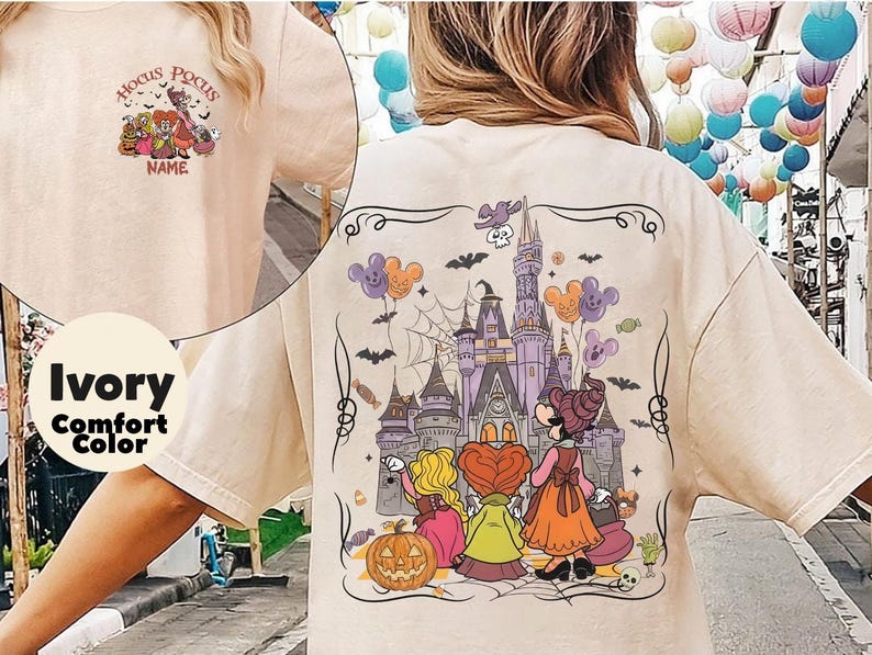 2-sided Disney Hocus Pocus Halloween shirt, Disney Minnie Daisy Clarabelle Cow Sanderson Sisters Magic Kingdom Spooky Trip Shirt