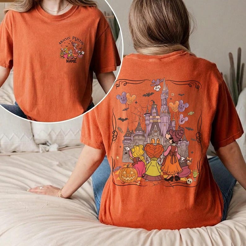 2-sided Disney Hocus Pocus Halloween shirt, Disney Minnie Daisy Clarabelle Cow Sanderson Sisters Magic Kingdom Spooky Trip Shirt