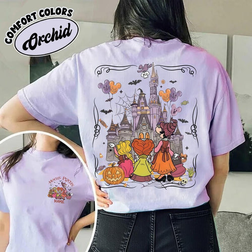 2-sided Disney Hocus Pocus Halloween shirt, Disney Minnie Daisy Clarabelle Cow Sanderson Sisters Magic Kingdom Spooky Trip Shirt