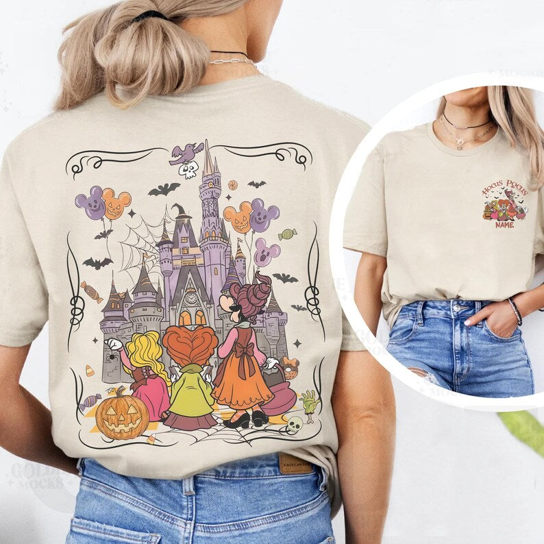 2-sided Disney Hocus Pocus Halloween shirt, Disney Minnie Daisy Clarabelle Cow Sanderson Sisters Magic Kingdom Spooky Trip Shirt